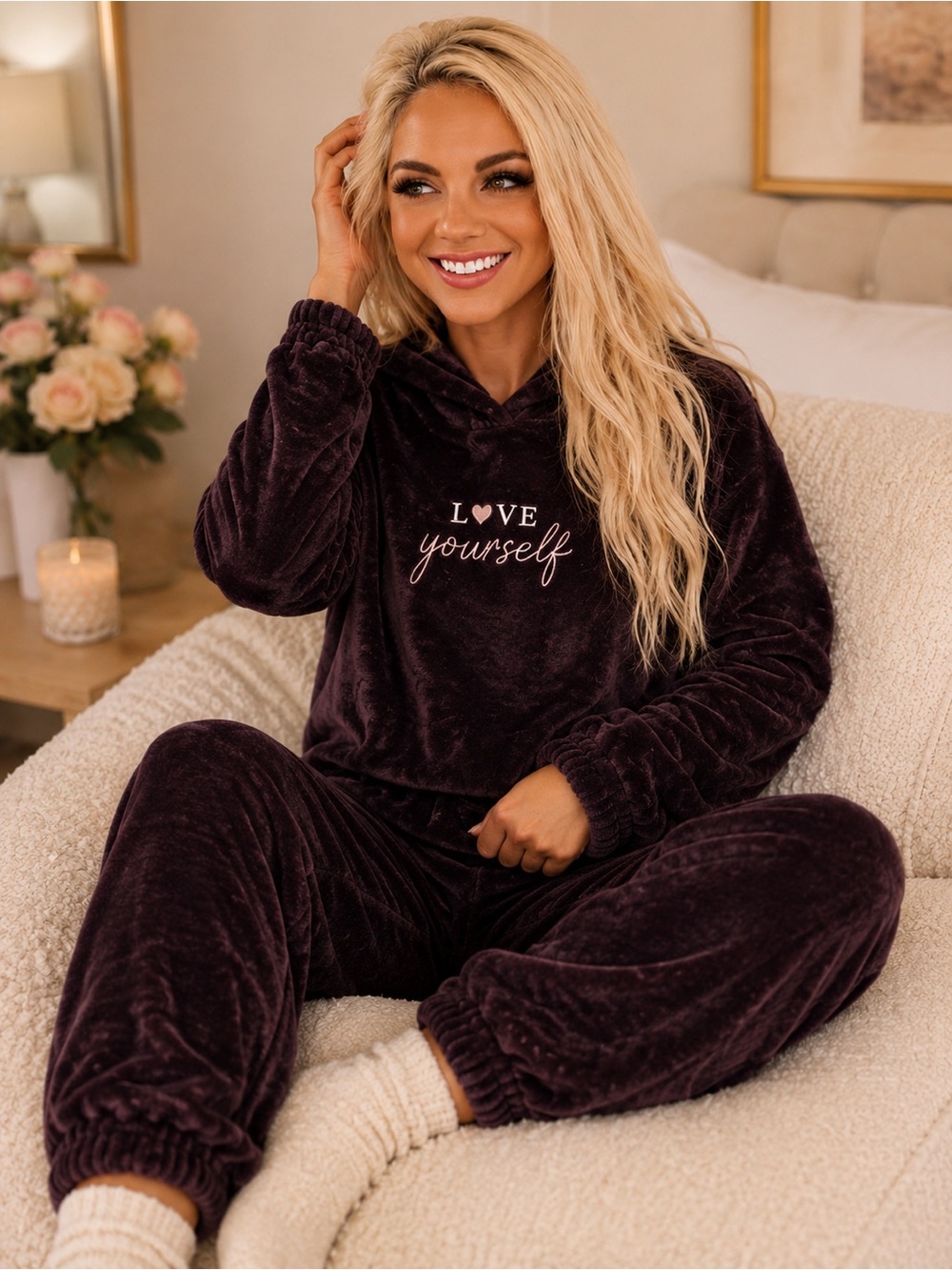 joyspun Cozy Plush Pajama Set - Deep Plum